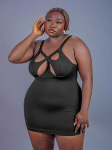 CurvyTilda 加大码女式性感镂空领口紧身迷你连衣裙，适合日常穿着、节日、约会之夜、生日、单身派对、婚礼、优雅、休闲、购物、街头服饰、外出、风骚、易于搭配且看起来苗条，凸显您的身材，修饰身材 - 黑色 - 查看 6