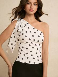 Poéselle 女士系带露肩无袖波点露脐修身背心，白色上衣，波点上衣，优雅休闲，适合度假、Y2K风格、夏季、春季、外出穿着。 - 白色 - 查看 4