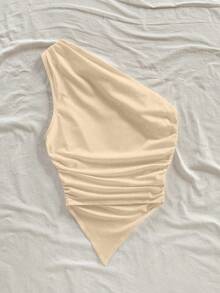 SHEIN WYWH 女士夏季时尚度假纯色不对称荷叶边下摆无袖上衣 - 杏色 - 查看 2