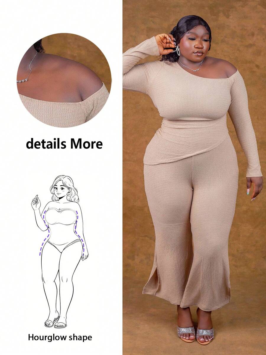 CurvyTilda 女士秋季服装,冬季加大码女士纯色不对称肩长袖上衣和喇叭裤两件套 - 卡其色 - 查看 1