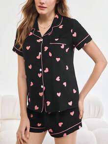 Bonmuse 女士心形印花泡泡皱短袖短裤睡衣套装 - 黑色 - 查看 5