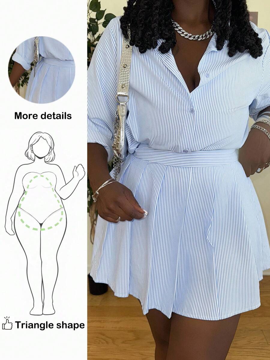 Truni 大码女式优雅轻盈条纹两件套 - 藍色 - 查看 1