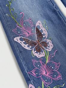 ROMWE Fairycore 女士复古Y2K性感蝴蝶藤蔓刺绣水钻喇叭牛仔裤 - 中等水洗藍 - 查看 3