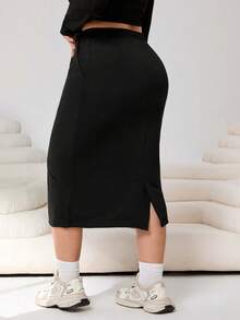 Solflare Plus Size Women's Black Casual Drawstring Waist Side Pocket Straight A-Line Skirt Fall - Black - View 2