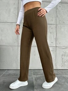 Plus Size Casual Solid Color Straight Leg Pants - Brown - View 4