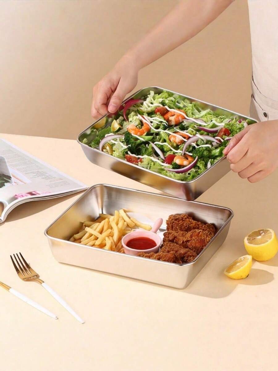 Stainless Steel Tiramisu Box With Clear Lid, Cake Packaging Box Or Mold, Square Plate For BBQ, Steamed Fish, Steamed Rice, Ideal Iron Tray For Street Vendors - Silver - View 1