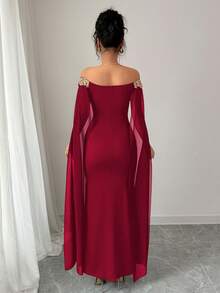 Rafferiza 优雅性感日常百搭金色花朵装饰露肩透视裹腰超长美人鱼连衣裙，黑色，春夏 - 酒紅色 - 查看 2