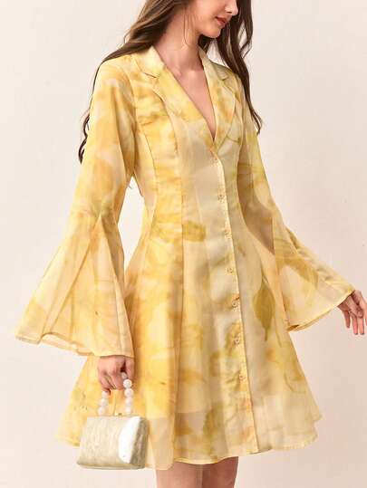 Aveloria Rosie Rosie Yellow Floral Print Chiffon Collared A-Line Short Dress