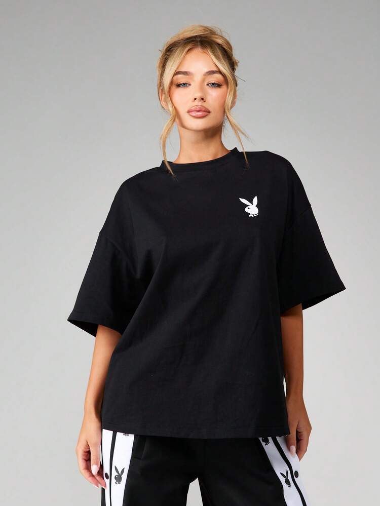 Missguided x Playboy Magazine Print Oversized Crew Neck Short Sleeve Cotton Blend Graphic Tee With Large Back Print And Small Front Logo