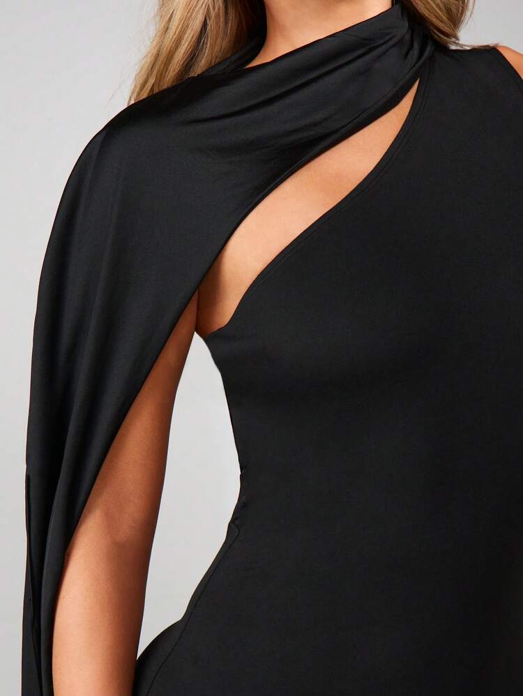 MISSGUIDED Abito aderente mini con collo a lupetto, senza maniche, con dettaglio a mantella, apertura cut-out e drappeggio sulla schiena, adatto per feste ed eventi serali