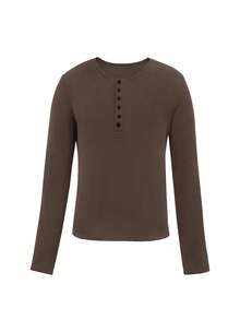 Manfinity Dauomo 男士纯色纽扣半开襟长袖休闲百搭T恤 - 咖啡棕 - 查看 3