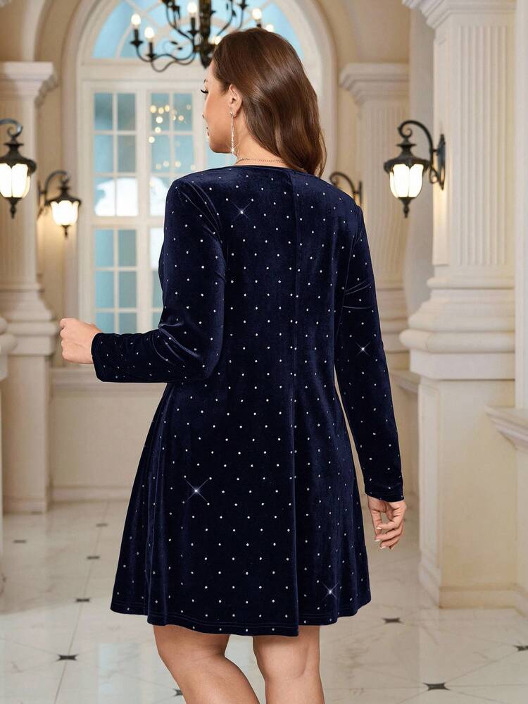 Plus Size Women Black Velvet Rhinestone Decor Round Neck Dress Winter Clothes For Women Winter Dress  Casual Dress For Women  Floral Dress  New Year Dress Women's New Year's Eve Dresses Christmas Party Dress  Navy Blue Plus Size Dress Sparkly Dress Valentine's Day