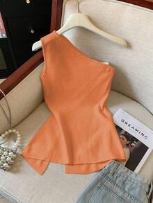 GlowEve Top sin mangas de unicolor con hombros oblicuos, versátil y de moda para el verano - Naranja - Ver 2