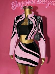 Slaydiva 2025 Autumn New Halloween Birthday Party Banquet College Style Student Daily Casual Cruise Travel Viral Streetwear Sexy Club Y2K Punk Racing Motorcycle Inspired Women 2-Piece Set: Long Sleeve Fitted Jacket + Bodycon Mini Skirt, Black With Yellow PU Ink Print, Autumn/Winter Pink Two Piece Set 2 Piece Matching Sets - Pink - View 12