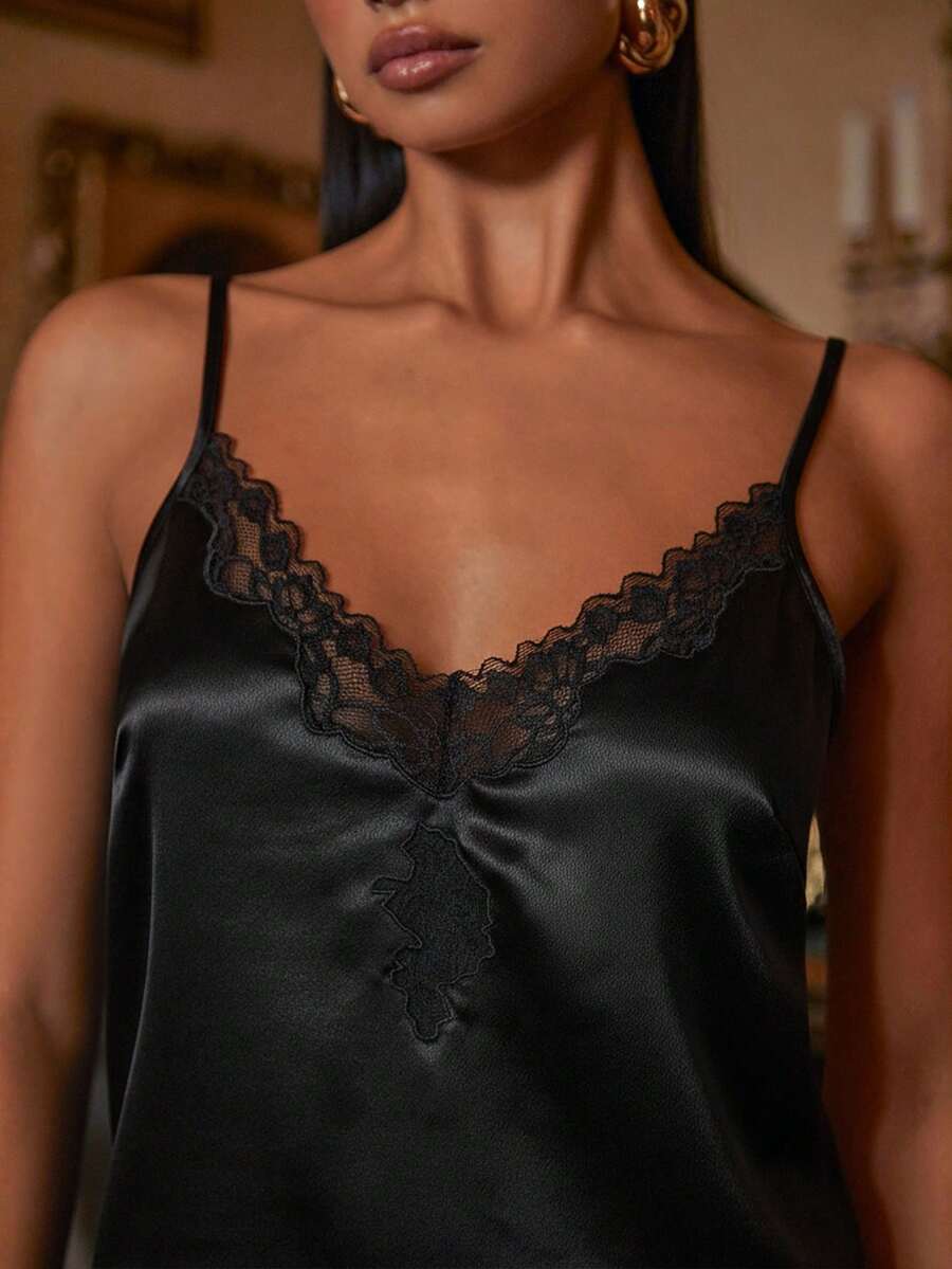 Athîral 女士夏季撞色蕾丝吊带背心 - 黑色 - 查看 1