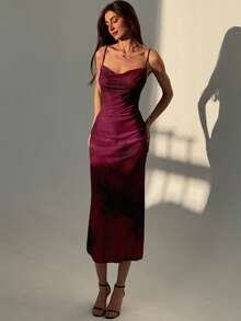 Aloruh Women's Elegant Wine Red Textured Tie Dye Full Print Dress - Burgundy - View 4