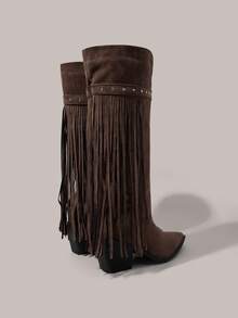 Styleloop Women's Fringe Decor Chunky High Heel Knee-High Boots For Christmas - Coffee Brown - View 5
