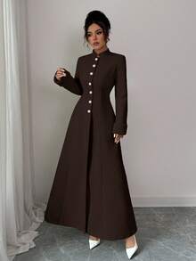 Elenzga New Women's Stand Collar Long Sleeve Faux Rabbit Fur Cuff Splice Double-Sided Woolen Fabric Open Front Design Waist A-Line Casual Daily Versatile Young Elegant Ladies Wool Long Coat, Autumn/Winter - Coffee Brown - View 5