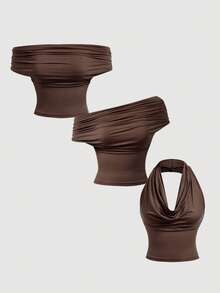 SHEIN MOD 3件套女士纯色褶皱百搭时尚上衣，适合秋冬季节、圣诞节、新年等场合，露肩设计，美观大方，适合节日、乡村、海滩度假、下午茶聚会等各种场合，款式端庄，可作舞会上衣或可爱上衣。 - 彩色 - 查看 3