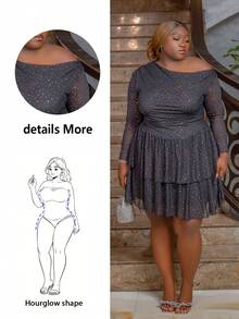 CurvyTilda Plus Size Fall Elegant Sweet Sexy Woman Black Shiny Sequin Mesh Asymmetrical Oblique Shoulder Long Sleeves Cascading Ruffle Hem Mini Dress Fairy Core Dress, For Hourglass Body Shape - Black - View 1