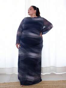 Pretty and Ole 女式加大码围脖领扎染印花连衣裙，休闲优雅加大码束腰连衣裙，柔软网眼面料，高弹性，春夏季 - 藏蓝色 - 查看 1