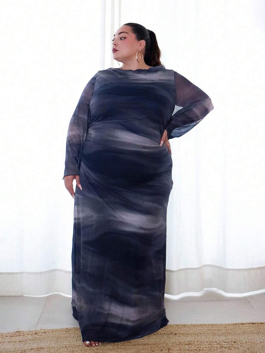 Pretty and Ole 女式加大码围脖领扎染印花连衣裙，休闲优雅加大码束腰连衣裙，柔软网眼面料，高弹性，春夏季 - 藏蓝色 - 查看 1