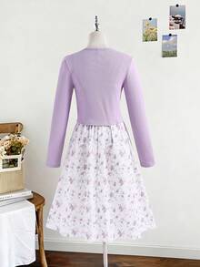SHEIN 2pcs/Set Teen Girl Spring/Autumn Casual Ribbed Knit Cardigan With Bow Decor And Elegant Floral Print Sleeveless Simple Dress - Purple - View 2