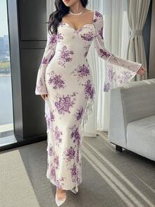 Modelyn Đầm nữ thanh lịch in hoa, cổ hình trái tim, tay xòe, thích hợp cho mùa thu. - Nhiều màu - Xem 7