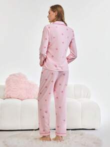 Bonmuse 2pcs/Set Women Striped Bow Print Long Sleeve Pajama Set, Collared Top And Bowknot Pants, Autumn/Winter, Fall Clothes - Pink - View 2