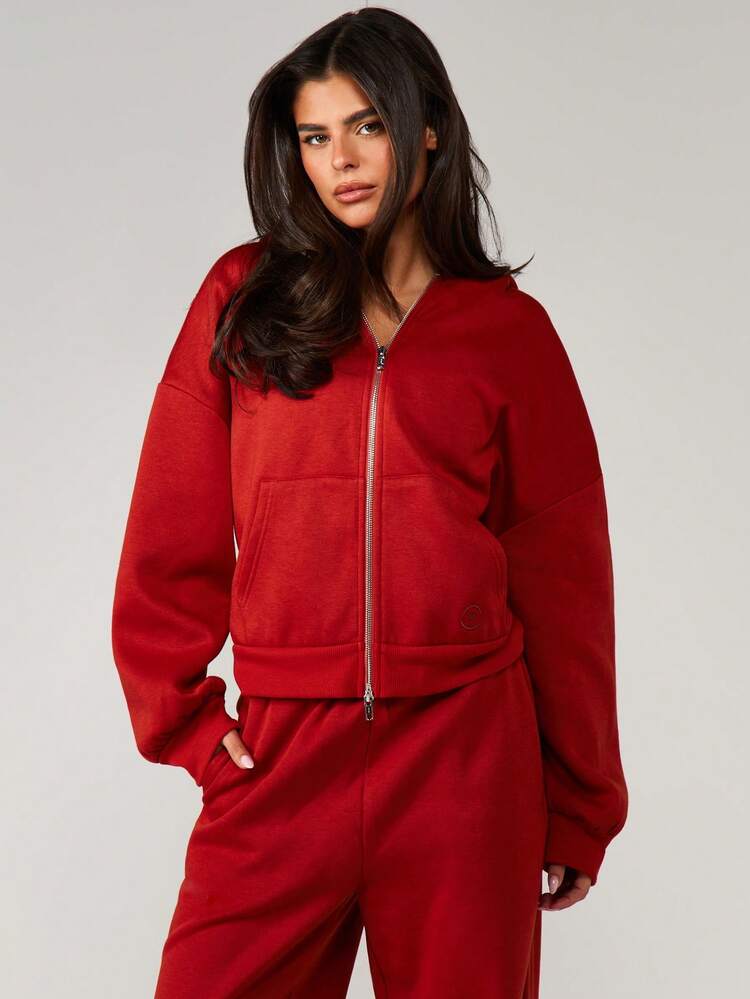 MISSGUIDED Double Zip Through Red Hoodie With Drawstring And Centre Pocket Casual Oversized Sweatshirt For Fall Winter