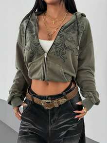 StreetHx Women's Y2K Style Gothic Retro Distressed Loose Sweatshirt, Streetwear For Autumn/Winter - Army Green - View 5