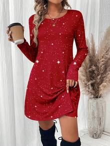 SHEIN LUNE Women's Casual Long Sleeve Glitter Party New Year Mini Dress, Suitable For Autumn/Winter Spring Red Sparkly Dress - Multicolor - View 6