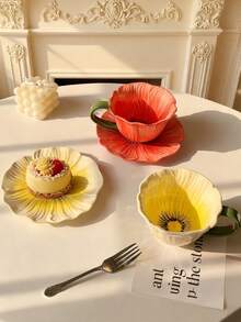 1 Set Ceramic Floral Coffee Cup (Cup + Saucer), Creative Floral Water Cup For Women, High-End Handpainted Afternoon Tea Cup And Saucer, A Cup Of Coffee, Possible, Summer, Sea, Cup, Red, Red, Pink - 彩色 - 查看 7