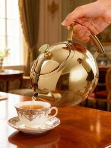 1pc Stainless Steel Tea Kettle With Filter - Induction Cooker Compatible - Silvery/Golden Finish - Perfect For Coffee And Tea Lovers - Hotel Quality - Drinkware And Tea Accessories - Multicolor - View 2