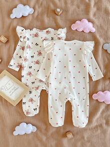 2pcs Newborn Baby Girl Cute Cartoon Pattern Knitted Long Sleeve Romper Pajama Set - Multicolor - View 2