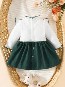 新生女宝宝白色长袖蕾丝领拼接粉色蝴蝶结连衣裙，秋冬新款优雅复古可爱面料舒适 - 墨綠色 - 查看 3