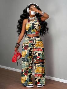 Slaydiva 女士秋季服装/女士冬季服装/女士外出上衣/Y2K服装/街头服饰/涂鸦印花/女士休闲街头风紧身吊带衫和宽松长裤两件套/适合早午餐的两件套女士夏季两件套裤装两件套度假套装女士两件套女士两件套早午餐两件套女士两件套夏季两件套女士两件套 - 彩色 - 查看 7