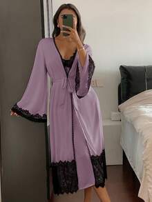 DAZY 2 Stücke Damen Nachtwäsche Set: Kontrast-Farbige Spitze Robe & Unterkleid - Mauve - Übersicht 5