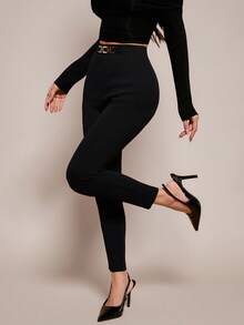 SHEIN PETITE 女士高腰金属扣饰紧身裤 - 黑色 - 查看 1