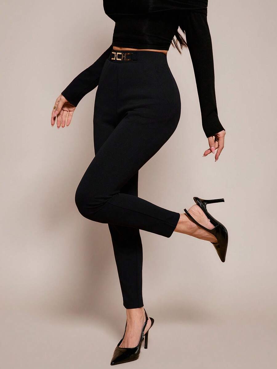 SHEIN PETITE 女士高腰金属扣饰紧身裤 - 黑色 - 查看 1