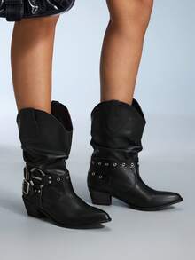 CUCCOO GRLICON 女士尖头搭扣设计褶皱粗跟中筒靴 - 黑色 - 查看 3