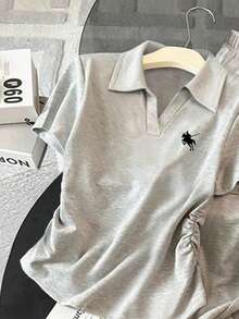 Resyla 2pcs Women Casual Pleated Short Sleeve Top & Pants Set - Grey - View 5