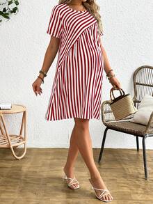 Boho Mama 孕妇条纹短袖圆领连衣裙 - 紅白色 - 查看 6