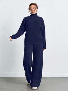 SHEIN Tall 高領落肩袖毛衣褲子套裝，女款套裝，小碼套裝，套裝，小碼，冬季衣物，高個子女性 - 藏蓝色 - 查看 4