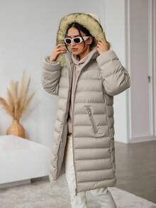 EURMUSE Fuzzy Trim Hooded Padded Coat - Camel - View 4