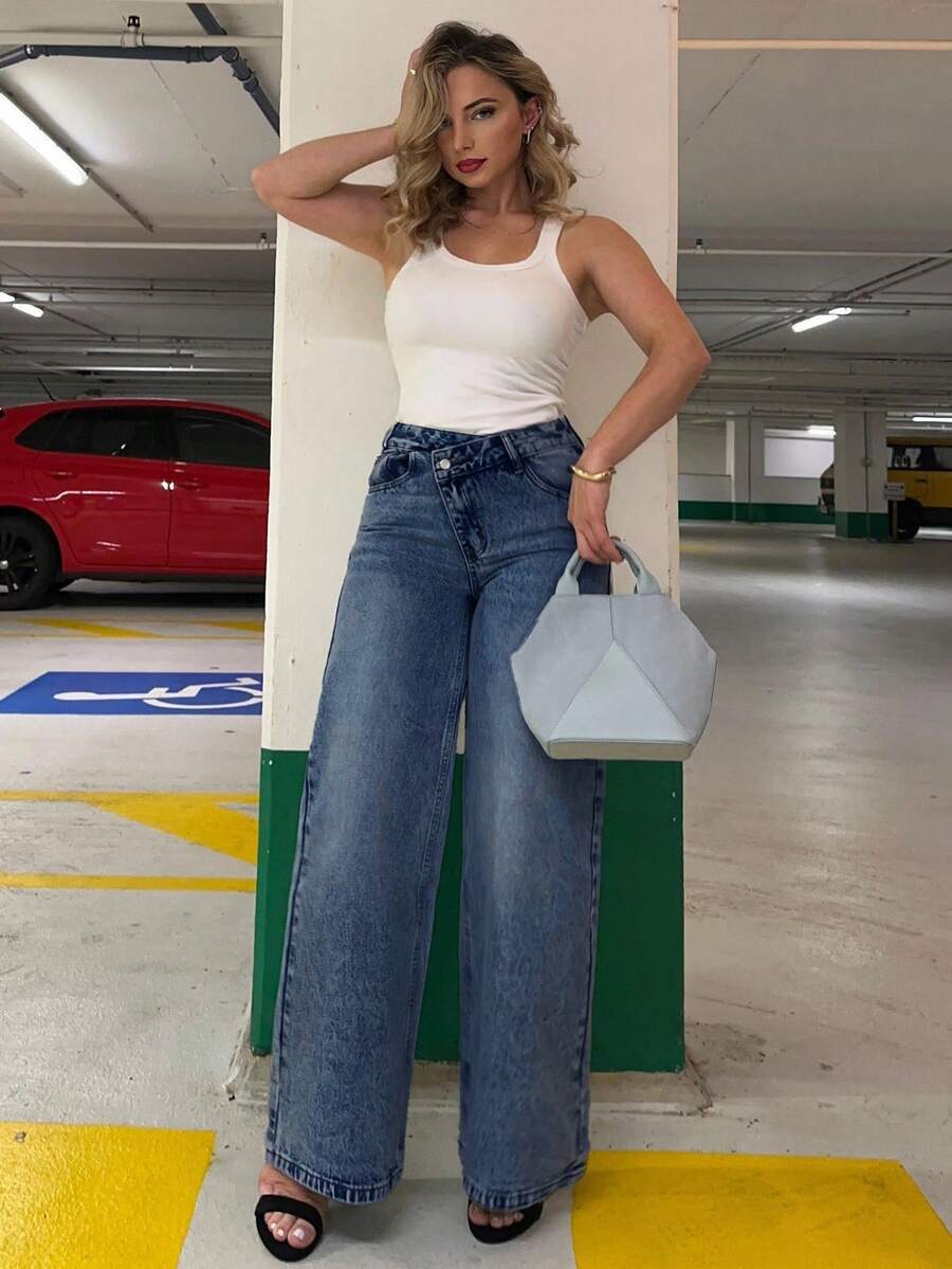 Jeta Ari Pantalon en jean à jambe droite avec taille basse pour femmes - Jean bleu - Voir 1