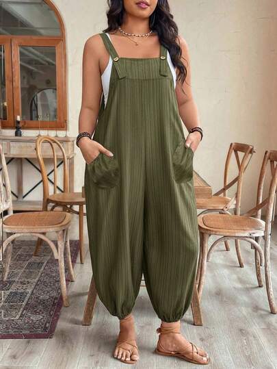 Elenzga Plus Size Women's Elegant Textured Loose Jumpsuit With Adjustable Straps, Suitable For Early Spring