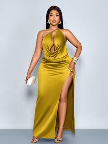SOLERSUN Váy satin xẻ cao cổ khoét sâu màu mù tạt thanh lịch dành cho nữ - Màu Mù tạt vàng - Xem 5