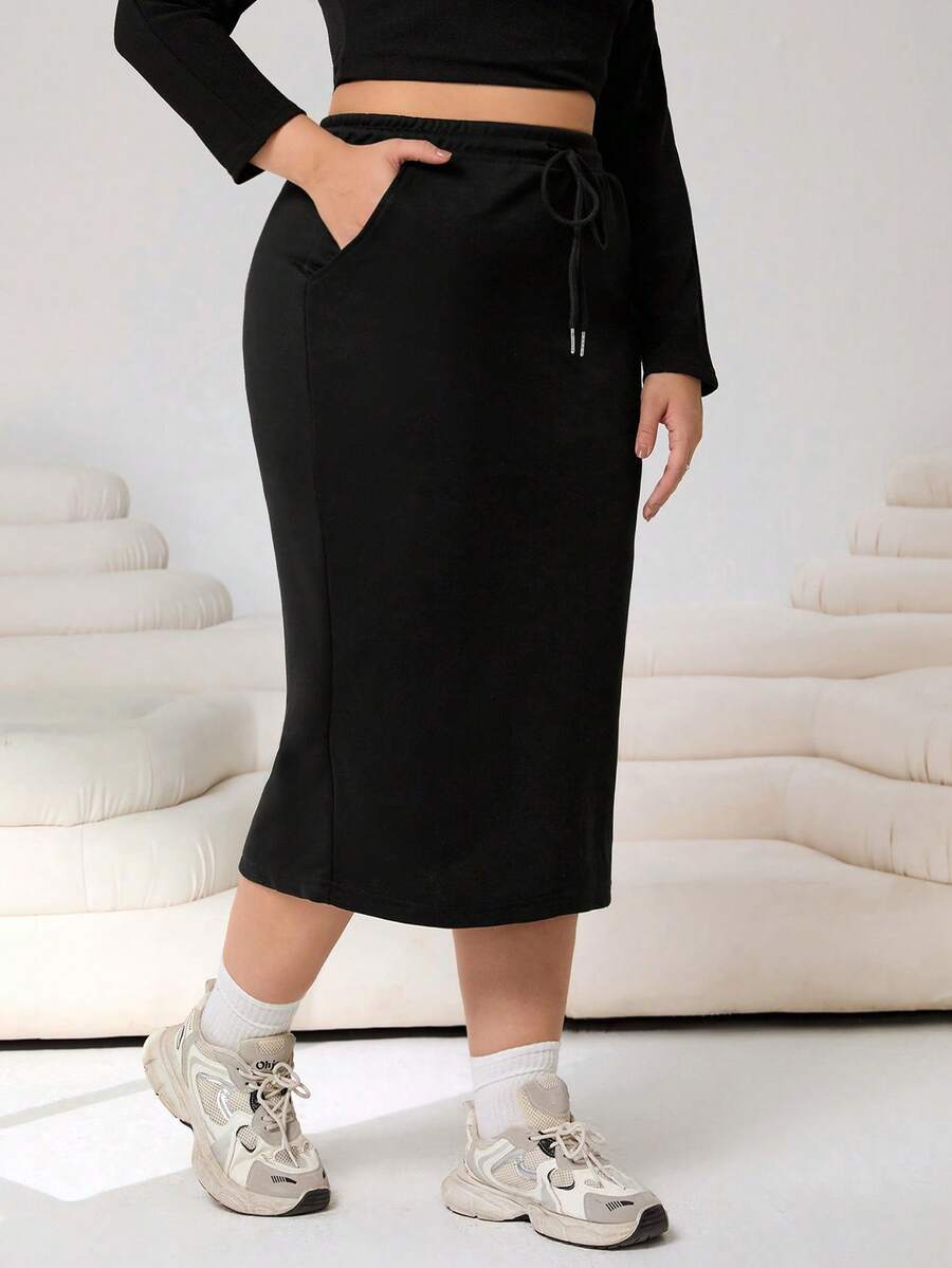 Solflare Plus Size Women's Black Casual Drawstring Waist Side Pocket Straight A-Line Skirt Fall - Black - View 1