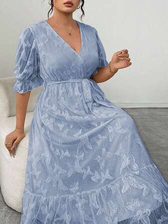 Modelyn Vestido elegante de manga abullonada con escote en V y superposición de malla con mariposa para mujer de talla grande